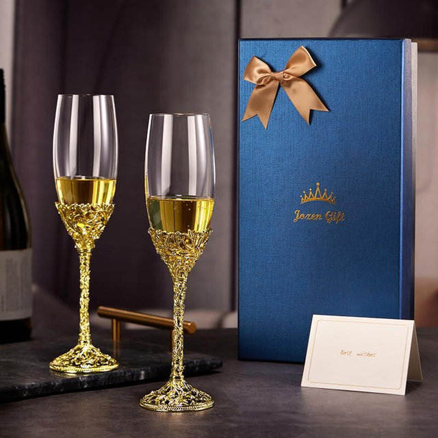 Jozen Gift Gold Champagne Flutes - Crystal Glasses & Metal Base With Crystal Stones, Set of 2 Toasting Flute Pair, For Wedding Anniversary Party Birthday Banquets, Gifts for Bride and Groom7oz
