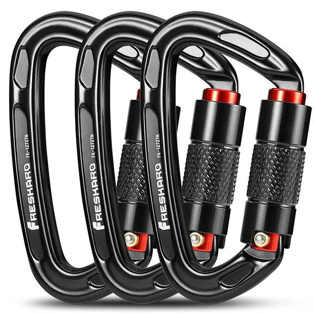 FresKaro UIAA Certified 25KN Auto Locking Climbing Carabiner Clips, Twist Lock, and Heavy Duty Carabiners for Rock Climbing, Rappelling, and Mountaineering, D Shaped 3.93 Inch, Large Size, Black