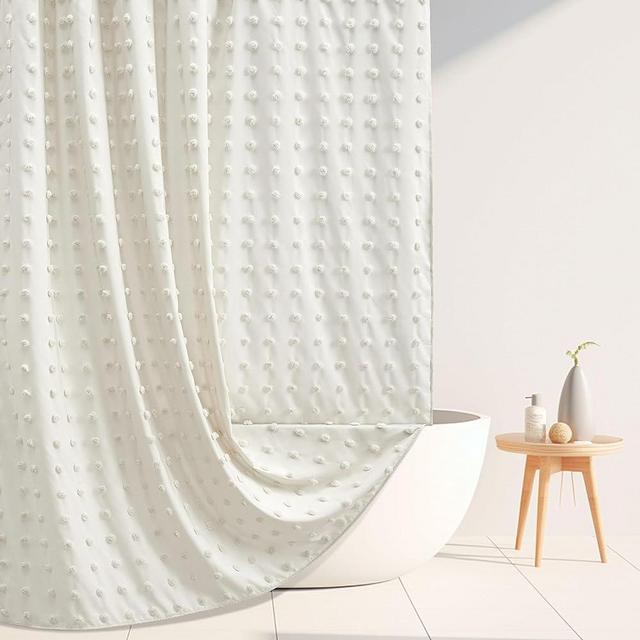 Boho Farmhouse Ivory Shower Curtain Woven Fabric Cream Shower Curtain, 72 x 72 Tufted Pleat Floral Puffs Textured Modern Farmhouse Minimalist Ivory Shower Curtain Set with Hooks for Bathroom