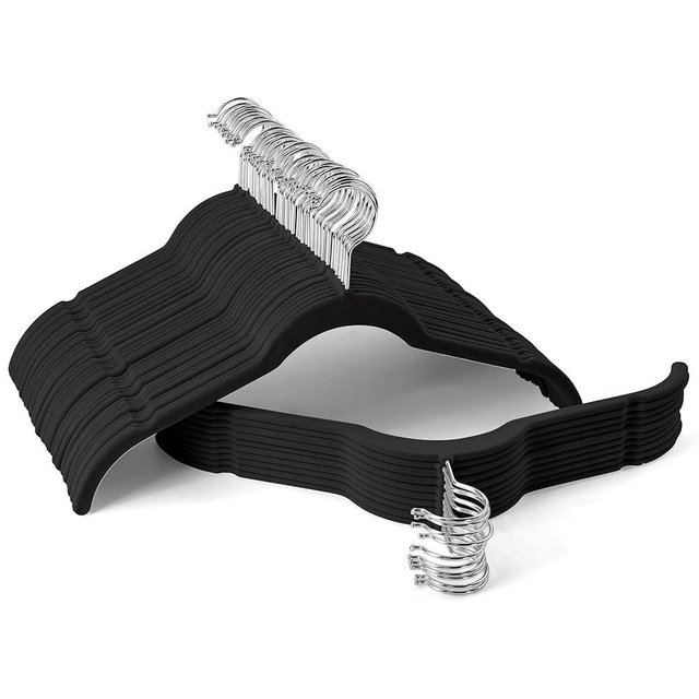Sishynio Premium Velvet Hangers 50 Pack - Space-Saving Closet Organizer for Clothes, Non-Slip Flocked Design, Ideal for Shirts and Coats (Black)