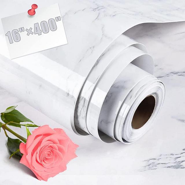 AROIC 16" x 400" Marble Self-Adhesive Wallpaper, Granite Style, Gray / White, for KitchenTable Top, Cabinet Furniture Renovation, PVC , Waterproof, Oil Proof, Easy to Clean.