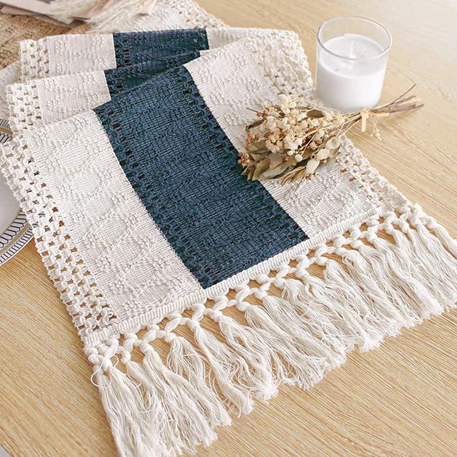 FEXIA Boho Table Runner 72 Inches Long Macrame Table Runner Farmhouse Style Cream & Blue Table Runner with Tassels for Party Bohemian Rustic Wedding Bridal Shower Dining Bedroom Decor (12x72 Inches)
