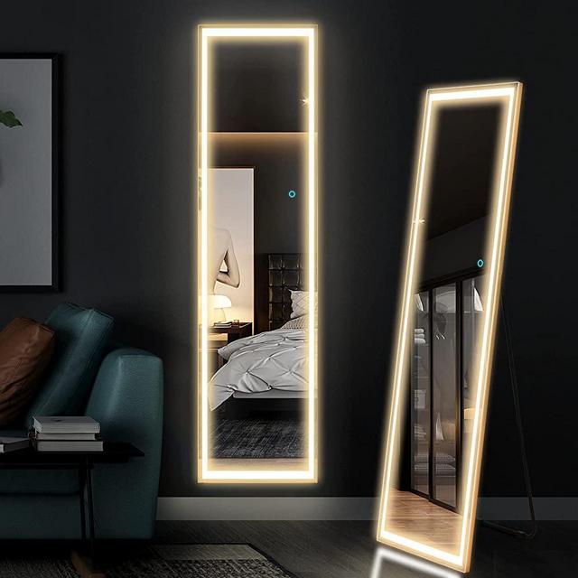 LVSOMT 63"x16" Full-Length Mirror Lighted Mirror, Free Standing Floor Mirror, Wall Mounted Hanging Mirror, Makeup Vanity Mirror, Bedroom Full-Size Body Mirror w/ Dimming Lights & 3 Color Modes (Gold)