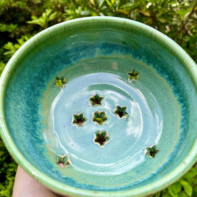 Berry Bowl, Hand Thrown Pottery, Colander, Strainer, Sponge Holder, Dishwasher and Microwave Safe, Jade andEmerald Green, Star-Shaped Holes