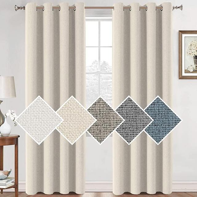 FantasDecor 100% Blackout Curtains Linen Texture Curtains for Bedroom Nursery Thermal Insulated Curtains for Living Room Grommet Top Neutral Curtains with Double Linen Face 2 Panels, 52" x 96", Ivory