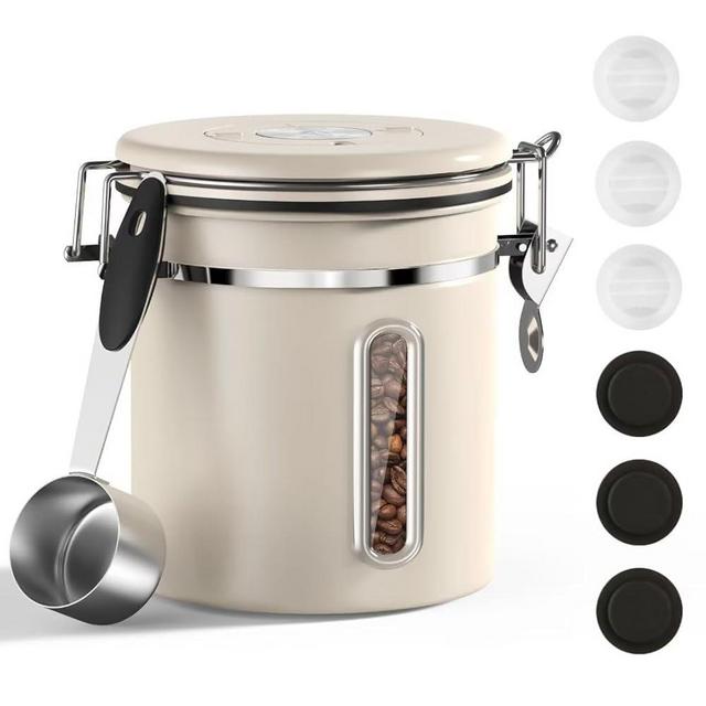 ShanSon Coffee Canister Airtight Coffee Container Stainless Steel Coffee Bean Storage Container with Scoop and See Through Window Coffee Canister for Beans Grounds Sugar Flour Tea Cereal,16OZ,Beige