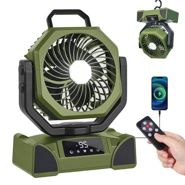 OUTTPLY 20000mAh Portable Camping Fan, Rechargeable Battery Powered Fan with Remote Control & Oscillating, LED Display, Light, Timer, Rotation, Hanging Hook for Outdoor Camp, Beach, Travel Tent