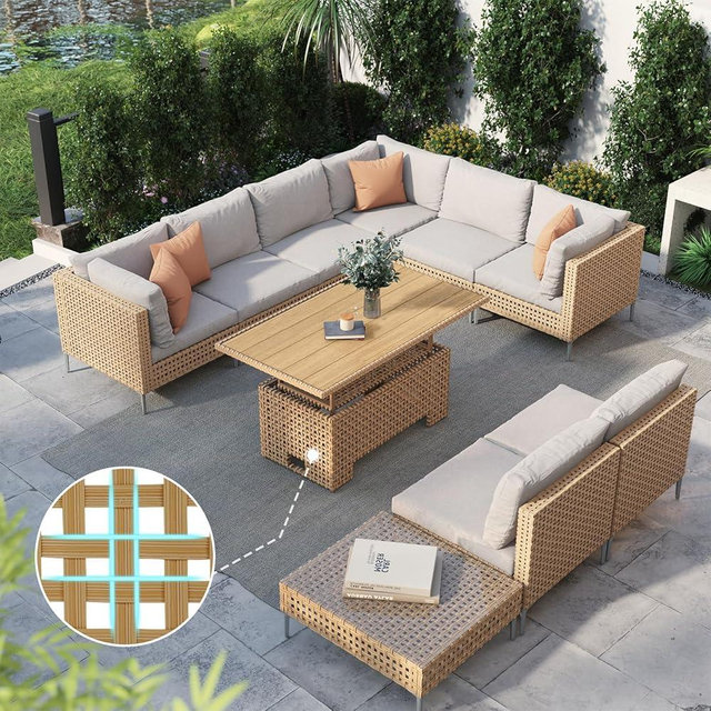 Grand patio 10-Piece Wicker Patio Furniture Set with Lift Top Coffee Storage Table, Outdoor Conversation Set Sectional Sofa with Water Resistant Thick Cushions, Beige