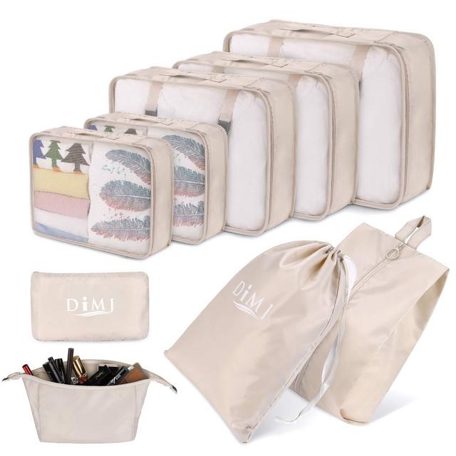 DIMJ Packing Cubes for Travel, 9 Pcs Travel Cubes Set Foldable Suitcase Organizer Lightweight Luggage Storage Bag 5 Colors Options (Beige)