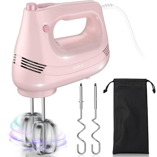 GUALIU Electric Hand Mixer with Stainless Steel Egg Beater, Dough Hook Attachment and Storage Bag Compact Lightweight Hand Mixer for Baking Cakes, Eggs, Cream Food Mixers. Turbocharged /5 Speed + Eject Button Kitchen Blender PINK