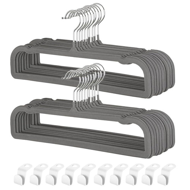 Velvet Pants Hangers with Non Slip Bar, 20 Pack Felt Slack/Trouser Hangers for Closet, Slim Space Saving Closet Perchas Terciopelo 360° Swivel Hook for Tank Top, Bra, Shorts, Jeans, Towel (Grey)