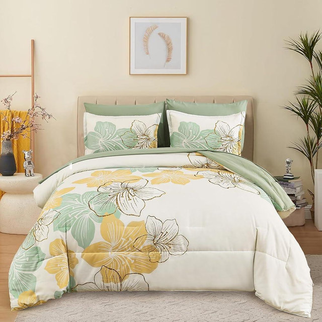 Luxudecor Sage Green Floral Comforter Set Queen Size, 7 Pieces Bed in a Bag Gold Glitter Metallic Comforter and Sheet Set, Soft Microfiber Complete Bedding Sets for All Seasons
