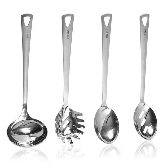 HIFIND 4PCS Cooking Utensils Set, Stainless Steel Kitchen Utensils Set, Durable Kitchenware Set for Cooking, Utensils Set with Slotted Serving Spoon, Spaghetti Fork, Ladle, Solid Serving Spoon