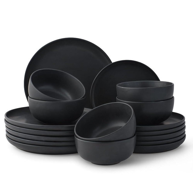 JoyJolt Mesa Stoneware Dinnerware Set, 18-Piece Plates and Bowls Sets, Includes Dinner Plates Salad Plates and Cereal and Soup Bowls, Modern Farmhouse Matte Black Dish Set for 6