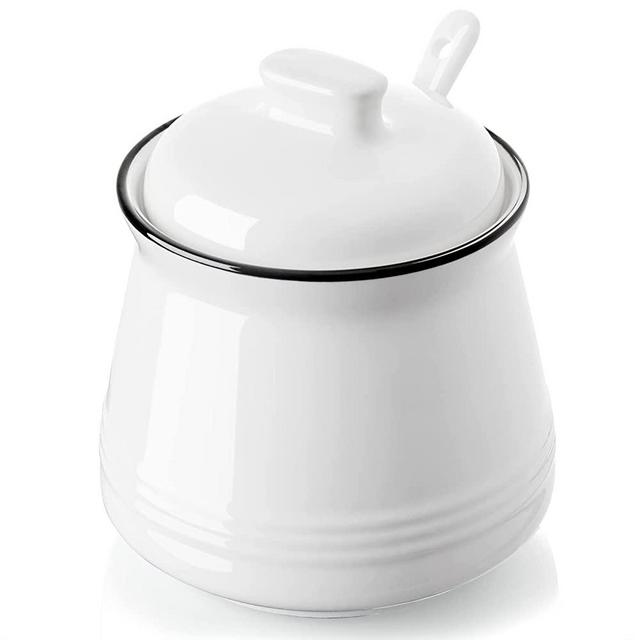 Farmhouse Sugar Bowl with Lid and Spoon, DAYYET 12 oz Ceramic Sugar Bowl with Spoon, Sugar Container for Coffee Bar, Sugar Jar Sugar Dispenser Bowl, Modern Farmhouse Kitchen Decor, White
