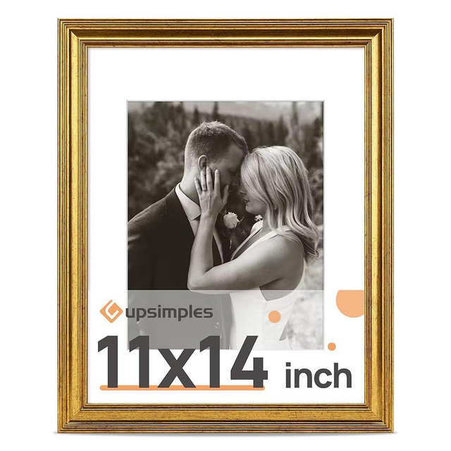 upsimples Vintage 11x14 Picture Frame, Antique Gold Frame Displays 8x10 with Mat or 11 x 14 Without for Vertical or Horizontal Wall Decor, 1pack