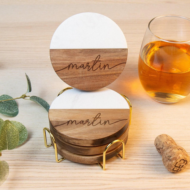Marble and Wood Coasters Personalized Housewarming Gift, Realtor Closing Gift, Custom Coasters Set With Holder, Wedding Gift for Couple