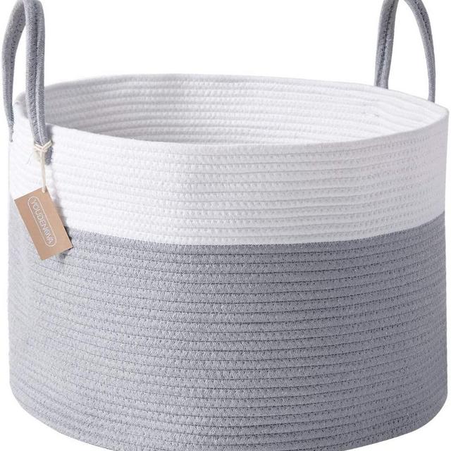 Cotton Rope Laundry Basket with Long Handles Blankets Decorative Toy Pillow