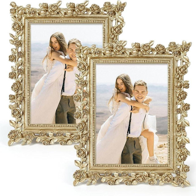 FOLKOR 5x7 Wedding Frame Gold, 2 Pack Decorative Picture Frame with Stand for Tabletop Shelf Decor, Antique Brass Floral Photo Frame for Christmas Thanksgiving Engagement Gift