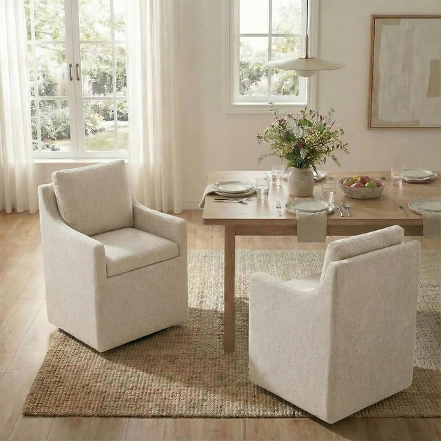 KISLOT Upholstered Dining Chairs Set of 2, Modern Dining Room Chairs with Casters & Washable Cover, Rolling Accent Chair with Hidden Storage for Kitchen, Farmhouse, Linen, 2 Box
