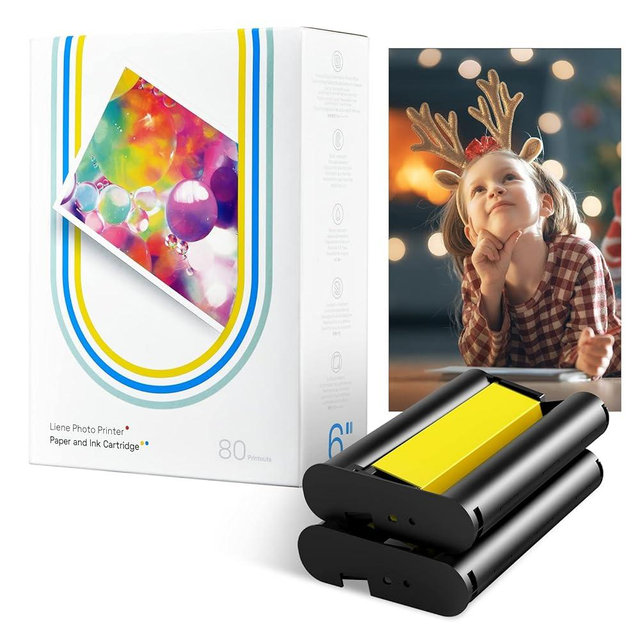 Liene Photo Printer Paper & Cartridge, 2 Ink Cartridge Refill & 80 sheets photo papers, 4x6", Dye Sublimation, Water & Oxidation-Proof, Compatible w/Liene Printer, for Display, Framing, Scrapbook