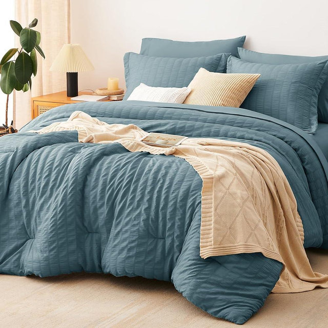 CozyLux King Size Comforter Set Mineral Blue Seersucker 7 Pieces Bed in a Bag King Comforter Set with Sheets, Luxury Bedding Set with Down Alternative Comforter, Sheets, Pillowcases & Shams All Season