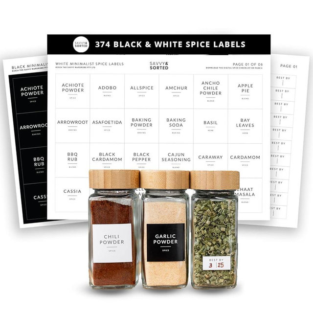 SAVVY & SORTED Square Spice Labels, 374 Preprinted Organizing Waterproof Stickers Designed for Spices Storage Glass Jars Bottles for Herbs Seasonings, Kitchen Pantry Organization