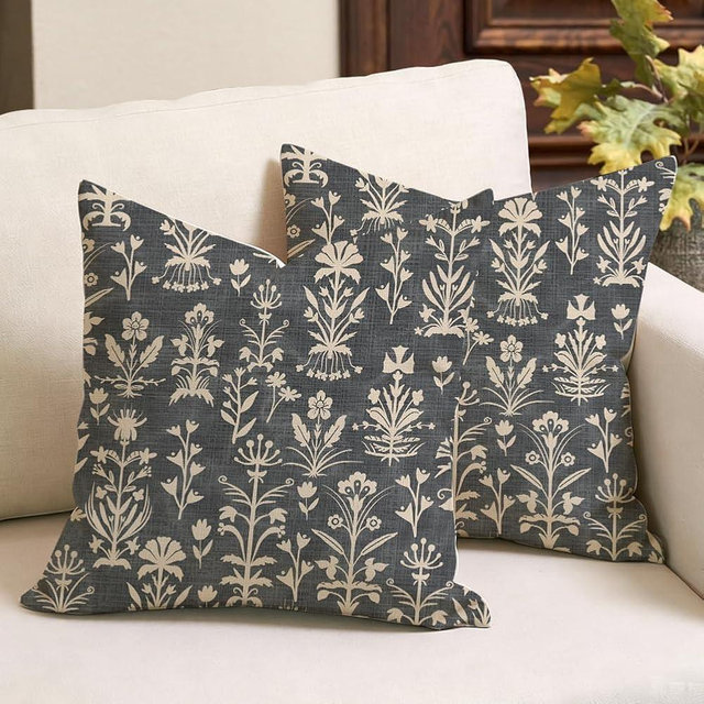 RABUSOFA Vintage Floral Pillow Covers 18x18 Inch,Neutral Accent Decor Rustic Farmhouse Boho Cushion Cases Decoration for Sofa Couch Bed Living Room Set of 2(Charcoal Gray, 18" x 18" (Pack of 2))