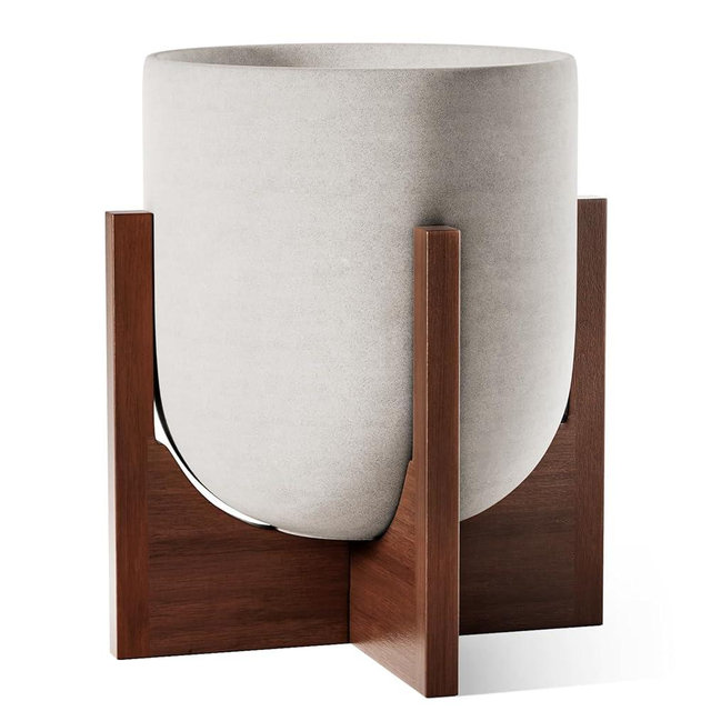 LE TAUCI 10 Inch Planter with Acacia Wood Stand, Ceramic Planters for Indoor Plants, Unique Plant Pots Indoor for Home Decor, Cylinder Pots for Plants with Drainage Hole and Plug, Neutral Gray