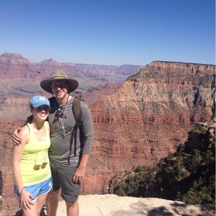 August 2014 - Paused our Grand Canyon mule rides for a photo. And yes, we both still have those absurd wide brimmed hats!