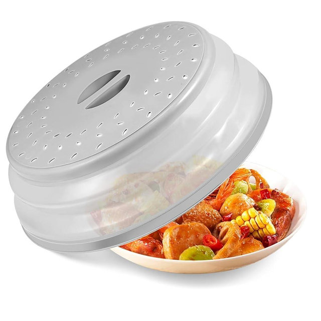 Large Microwave Cover for Food，12.2 Inch Collapsible Microwave Splatter Cover, Microwave Plate & Dish Cover with Easy Grip Handle, BPA-free, Dishwasher Safe (Light Grey)
