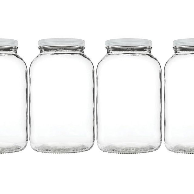 kitchentoolz 1 Gallon Glass Large Mason Jar Wide Mouth with Metal Airtight Lids (4 Pack) - Fermentation Kombucha Kefir Kimchi - Storing Canning Pickling Containers -White Lids
