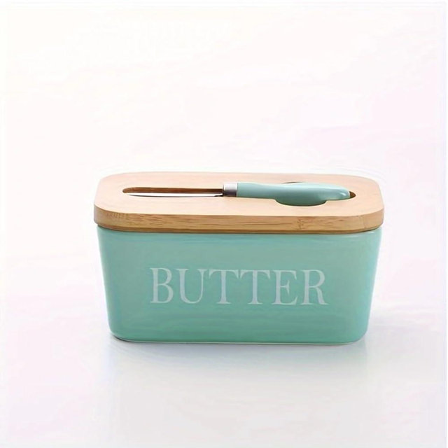 Domini Large Butter Dish,Ceramic Butter Dish with lid and knife, Butter Keeper Double Silicone Seals, Perfect for 2 Sticks of Butter,baby blue