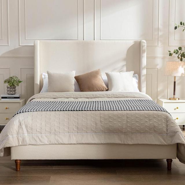 LOONGYOON Queen 54" Tall Headboard Wingback Upholstered Platform Bed Frame Elegant Simplicity Boucle for Kids Teens Adults Bedroom Strong Wood Slats Support No Box Spring Needed Easy Assembly Ivory