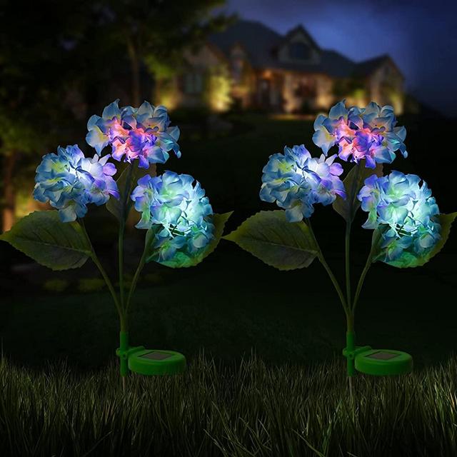Outdoor Solar Lights, Doingart 2 Pack Hydrangea Solar Garden Lights with 3 Hydrangea Flowers, Waterproof Realistic and Muti-Color Change Outdoor Lights for Garden Lawn Backyard Decoration (Blue)