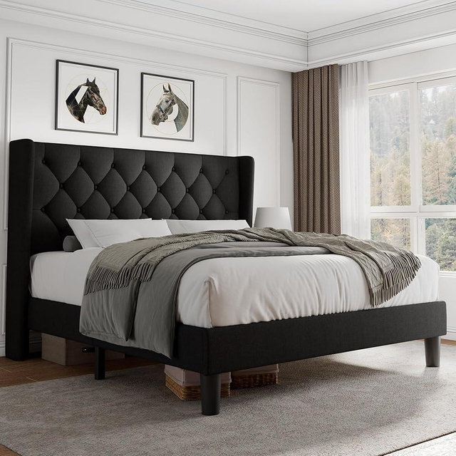 iPormis Queen Size Platform Bed Frame with Button Tufted Headboard, Upholstered Bed Frame with Solid Wooden Slats, 8" Underbed Space, No Box Spring Needed, Noise Free, Easy Assembly, Black
