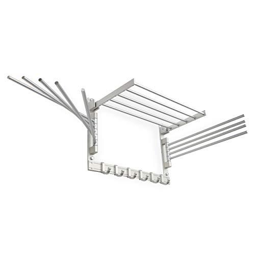 brightmaison Space Saver Wall Mounted Laundry Clothes Drying Rack with Hooks and Swing Arms Metal Silver Space Saver