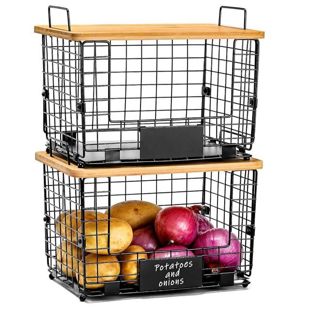 2 Set Stackable Wire Basket with Bamboo Top, Kitchen Counter, Pantry Organizer and Storage, Produce Onion Potato Fruits Vegs Bread Food Snack Spice Organizing Bin for Cabinet Shelf Countertop Floor XL