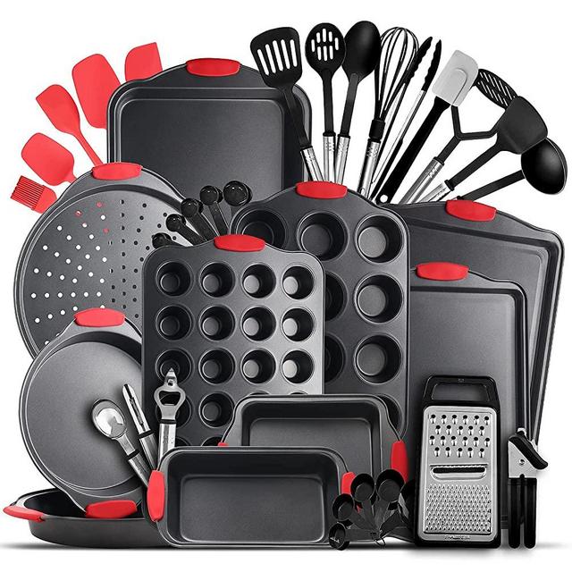 EATEX Bakeware Set - Baking Pans Set Nonstick Surface - Includes Baking Pan, Oven Pan, Cookie Sheet, Baking Trays & More - Nonstick with Silicone Handles & Utensils, Black & Black Utensils - 29 PC