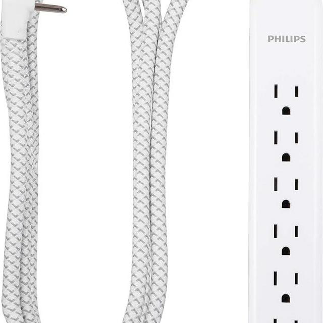 Philips 6 Outlet Power Strip Surge Protector, 6 Ft Power Cord, Designer Braided Extension Cord, Flat Plug, Perfect for Office or Home Décor, 1080 Joules, White, SPC3054WA/37