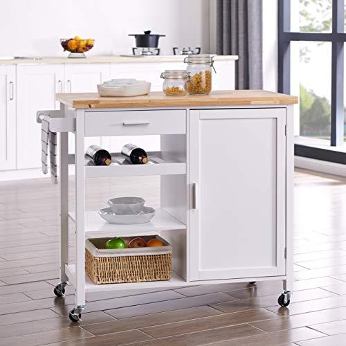 BELLEZE Rolling Kitchen Buffet Cart, Wood Utility Storage Island Cart with Wood Top, White