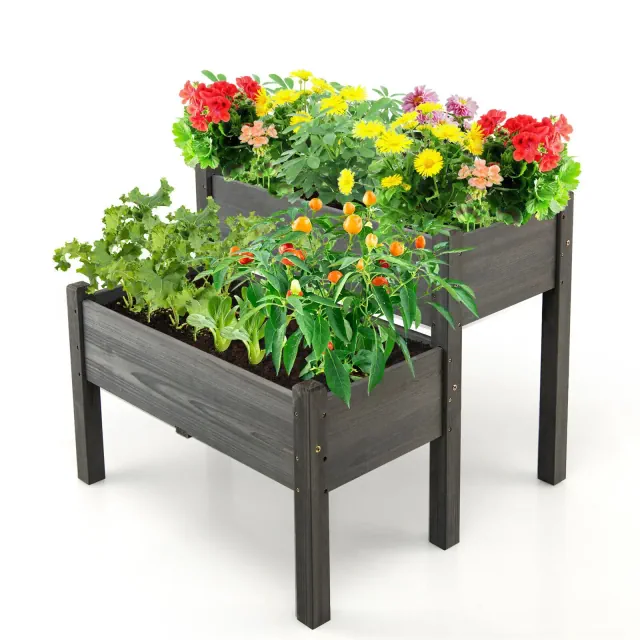 Costway 2 Tier Wooden Raised Garden Bed Elevated Planter Box w/ Legs Drain Holes