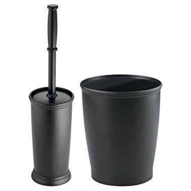 mDesign Modern Compact Freestanding Plastic Toilet Bowl Brush and Round Wastebasket Garbage Can Combo Set for Bathroom Storage - Sturdy, Deep Cleaning - Set of 2 - Black