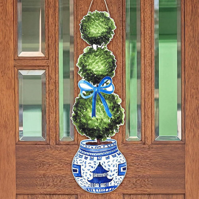 RattanView Large Size Chinoiserie Bonsai Door Hanger Rustic Topiary Wooden Sign Front Door Home Wreath Ornament for Farmhouse Indoor Outdoor Yard Porch Welcome Spring Decor (Fresh,31.5 x 9.65 in)