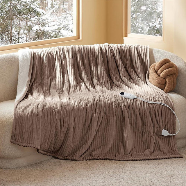 Bedsure Electric Blanket Twin - Soft Ribbed Flannel Heated Blanket, Heating Blanket with 10 Time Settings, 6 Heat Settings, and 8 hrs Timer Auto Shut Off (62x84 inches, Brown)