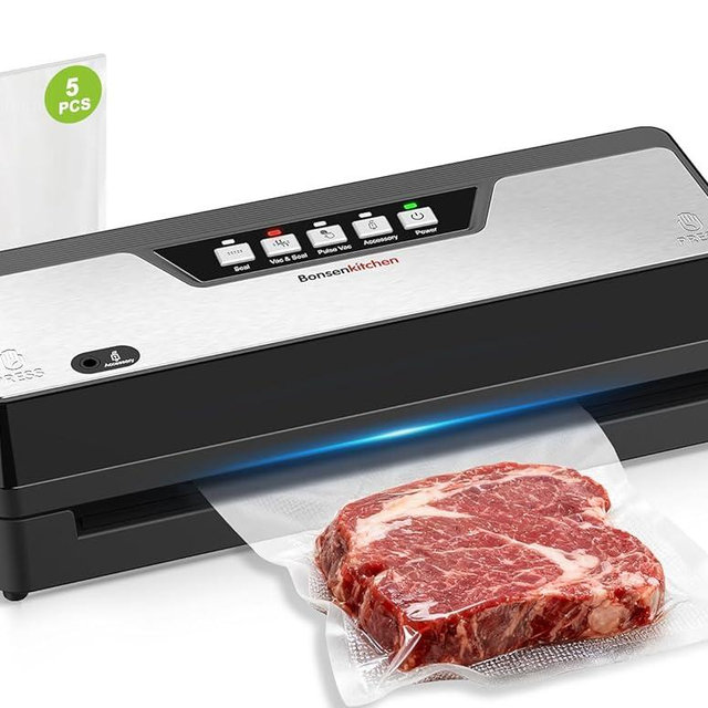 Bonsenkitchen Vacuum Sealer Machine with Built-in Cutter and Bag Storage for Sous Vide and Meal Prep | Compact Food Sealer with Multiple Modes | 1 Roll Bag & 5 Pre-Cut Bags, Black-Stainless Steel