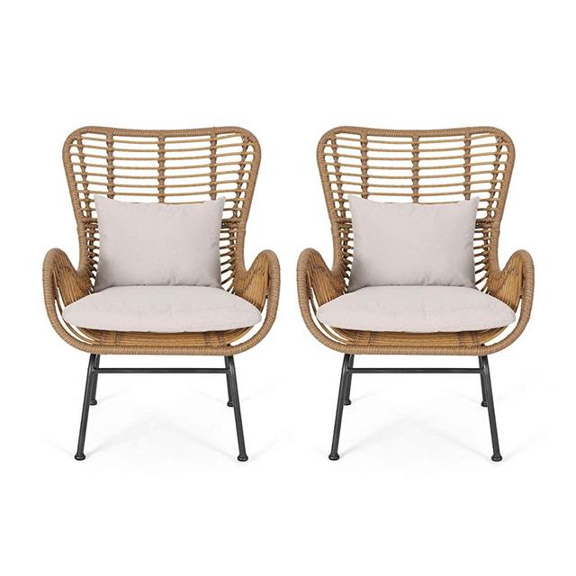 Great Deal Furniture Crystal Outdoor Wicker Club Chairs with Cushions (Set of 2), Light Brown and Beige