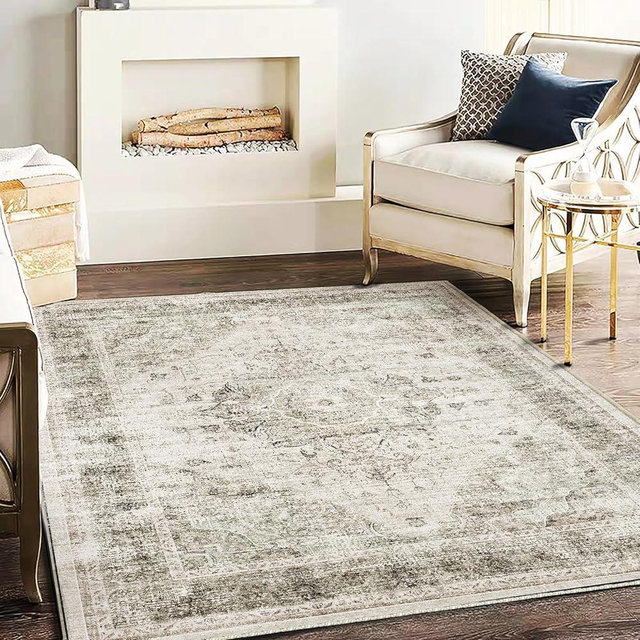 CHAMPLANT Washable Area Rug 4'x6' Floral Khaki Traditional Floor Cover Foldable Thin Rugs Retro Kitchen Indoor Distressed Non Slip Carpet Floral Print Mat Bedroom Living Room