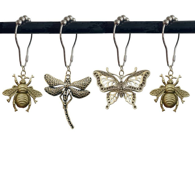 12Pcs Dragonfly Butterfly Bee Shower Curtain Hooks，Rust Proof Stainless Steel Shower Curtain Rings for Spring Garden Floral Insect Nature Theme Home Bathroom Decor