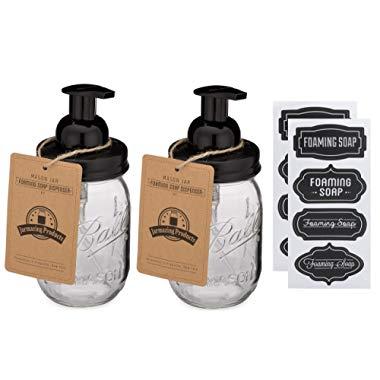 Jarmazing Products Mason Jar Foaming Soap Dispenser - Black - with 16 Ounce Ball Mason Jar - Two Pack!